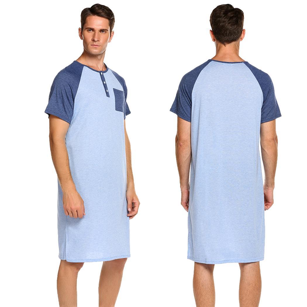 Men Comfort Henley Short Sleeve Nightshirt Patchwork Sleep Shirt 9G67 ...